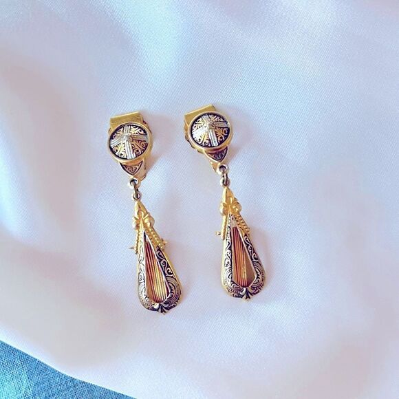 Vintage Spanish Damascene Drop Earrings - Picture 1 of 5